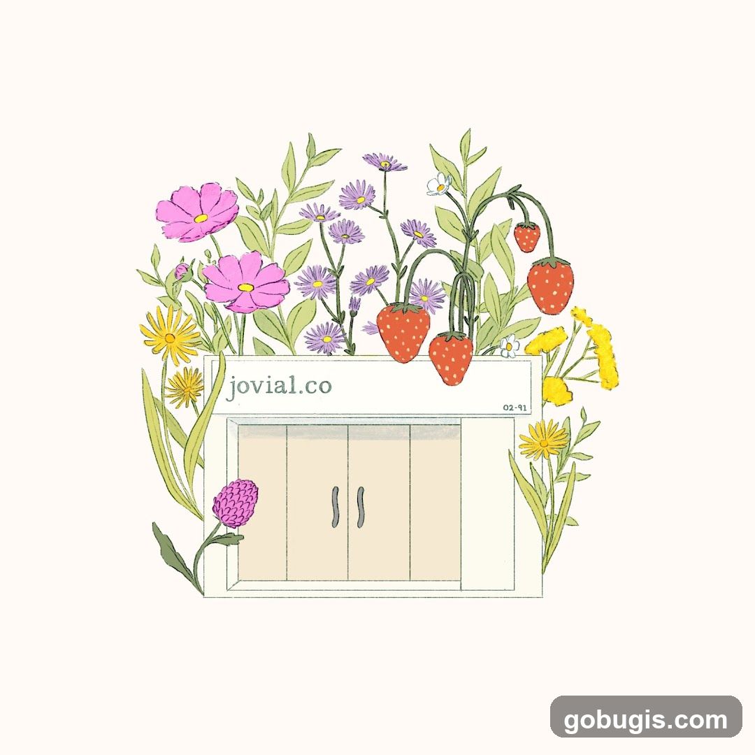 Illustration of a storefront with flowers and strawberries