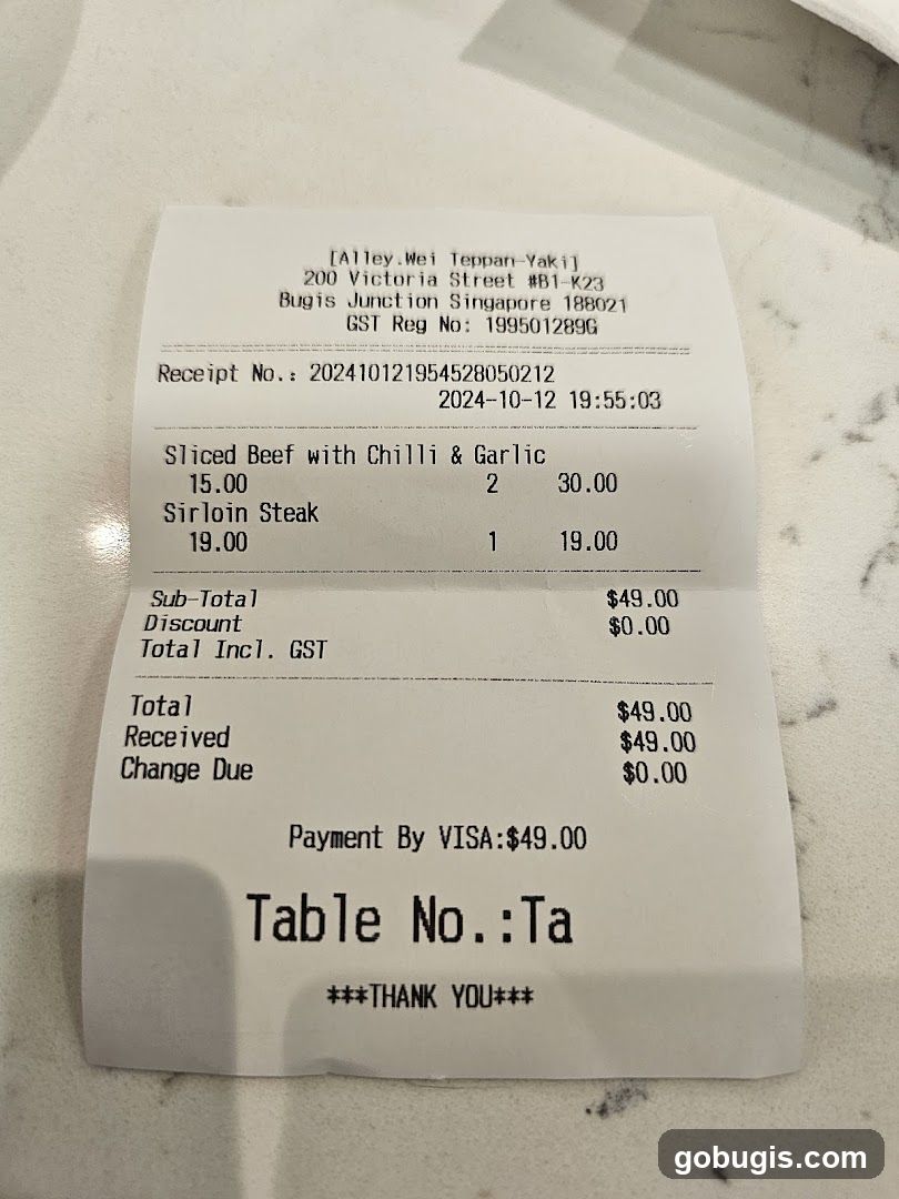 Receipt from Alley.Wei Teppan-Yaki