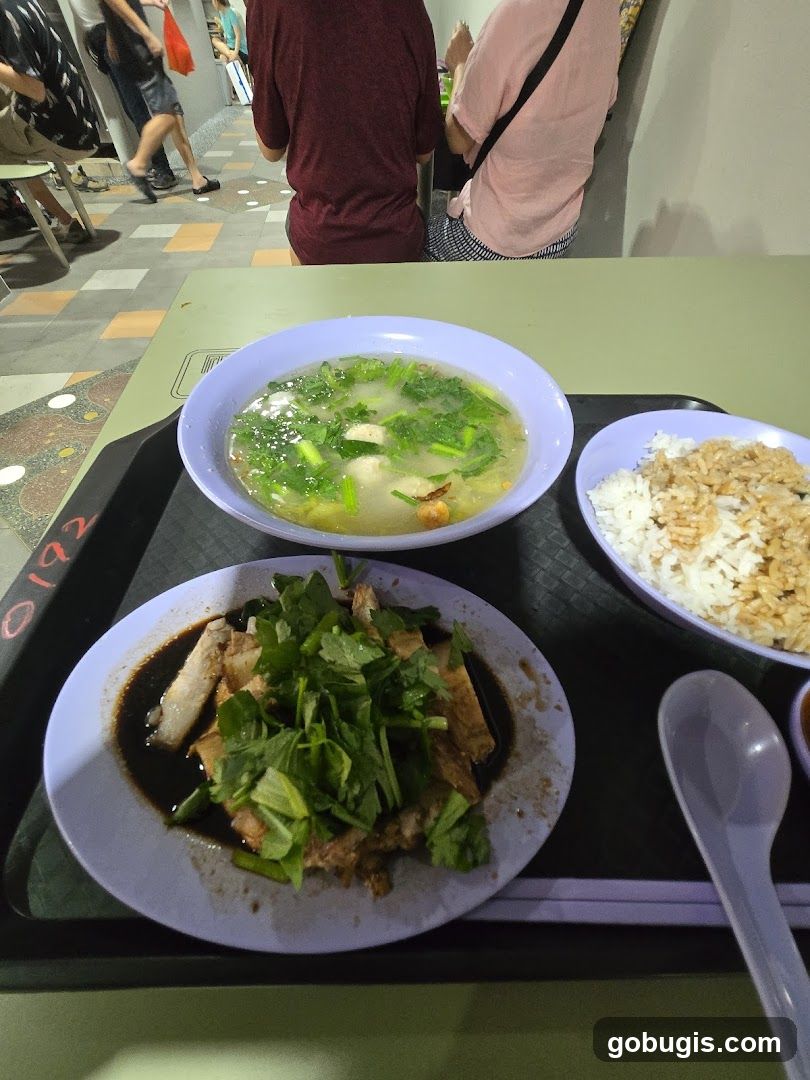 Food Tray with Soup, Rice, and Meat Dish