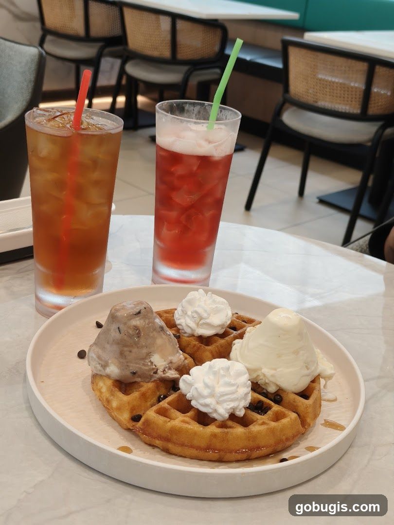 Waffle with Ice Cream and Drinks