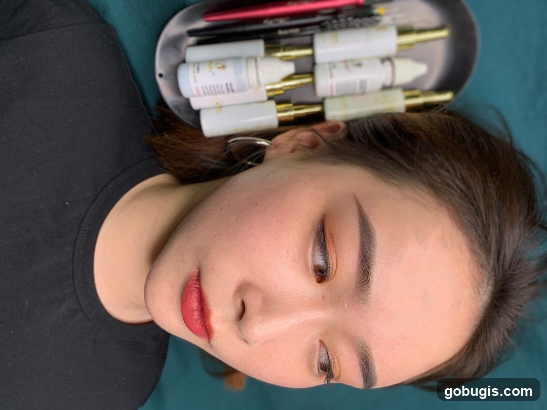 Woman with makeup and cosmetic supplies