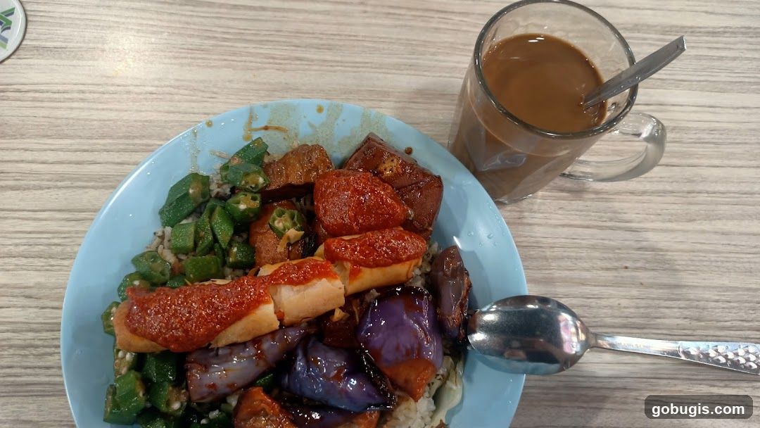 Rice dish with vegetables and coffee