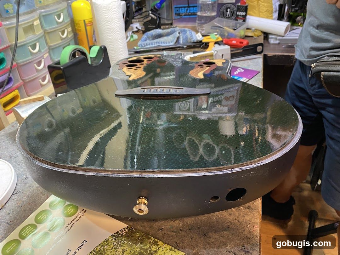 Guitar body on a workbench