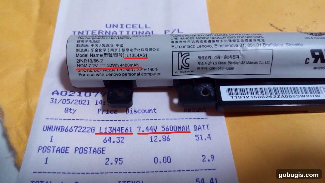Lenovo Laptop Battery and Receipt