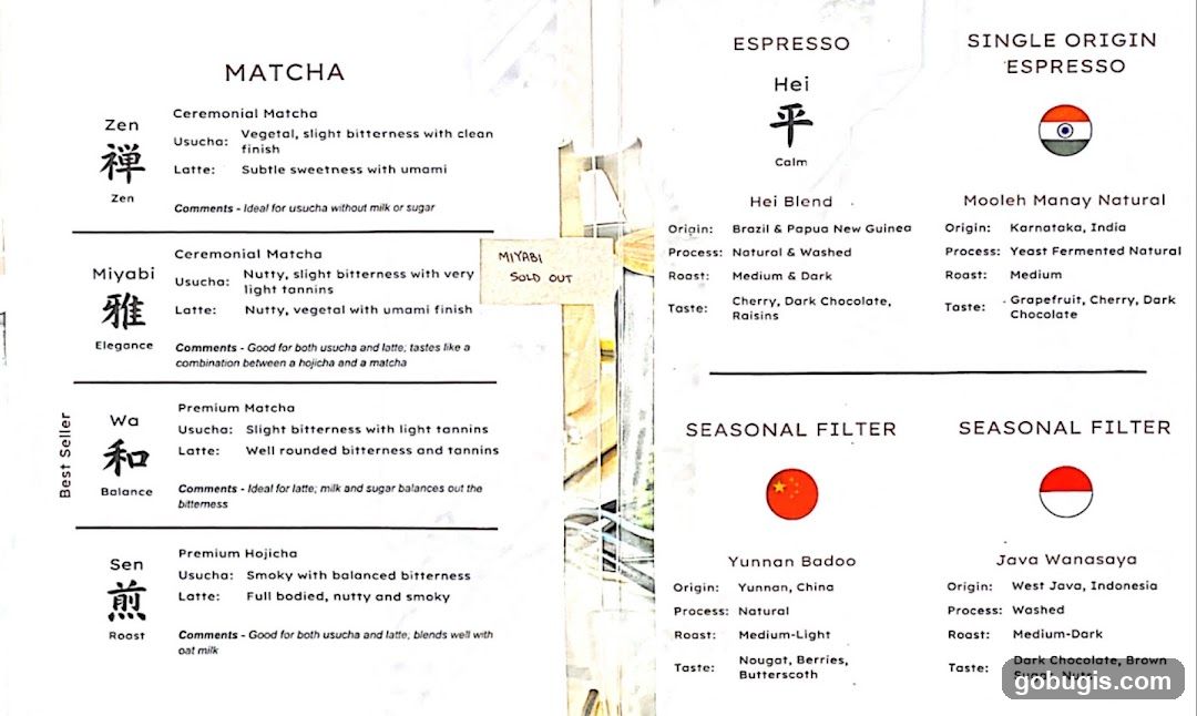 Matcha, Espresso, and Single Origin Espresso Menu