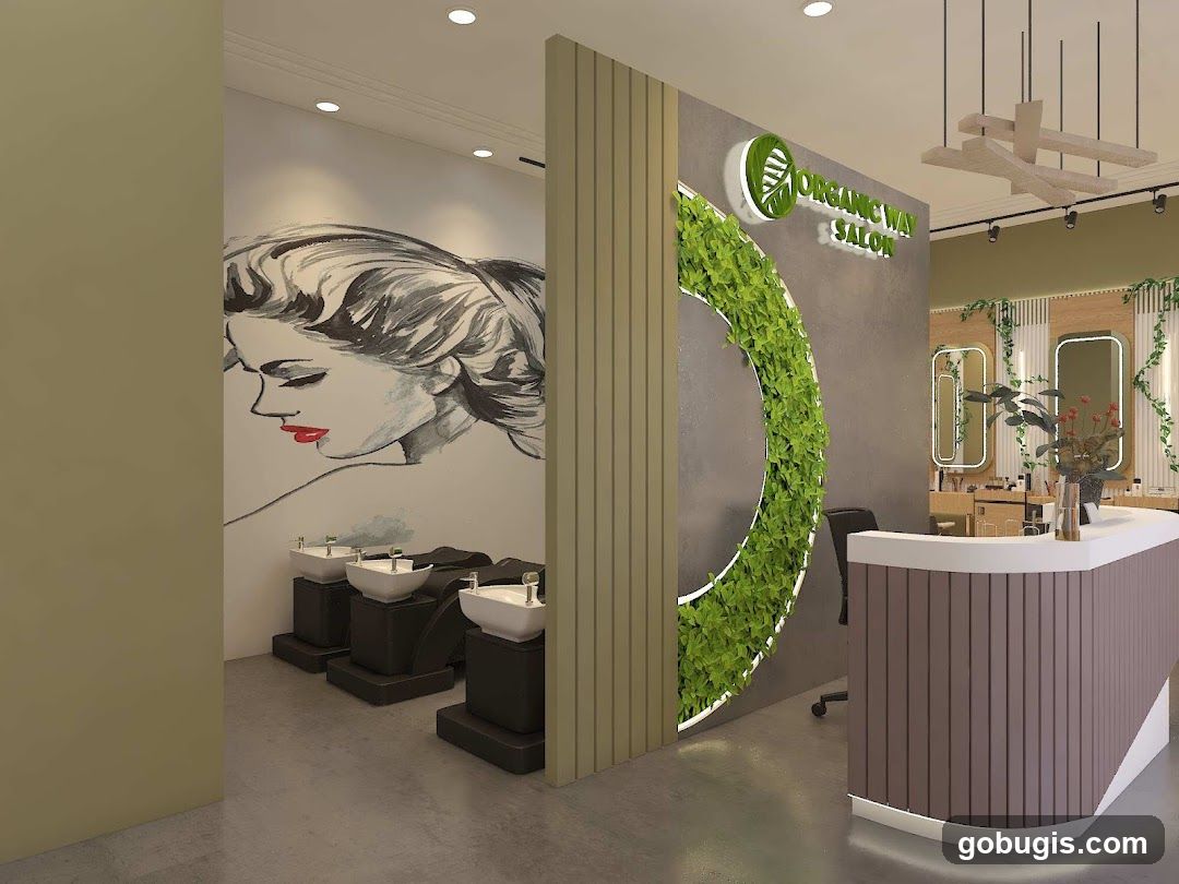 Salon Interior with Reception Desk and Hair Washing Stations