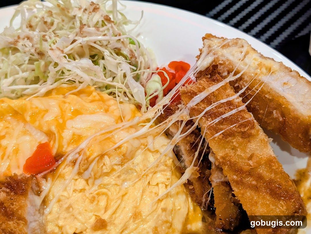 Cheese-Stuffed Katsu with Scrambled Eggs and Cabbage Salad