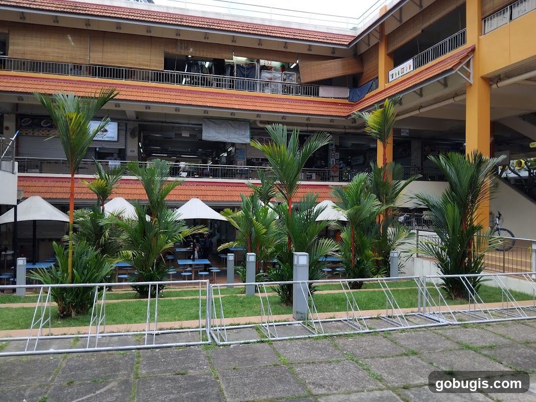 Outdoor seating area with palm trees and bicycle racks
