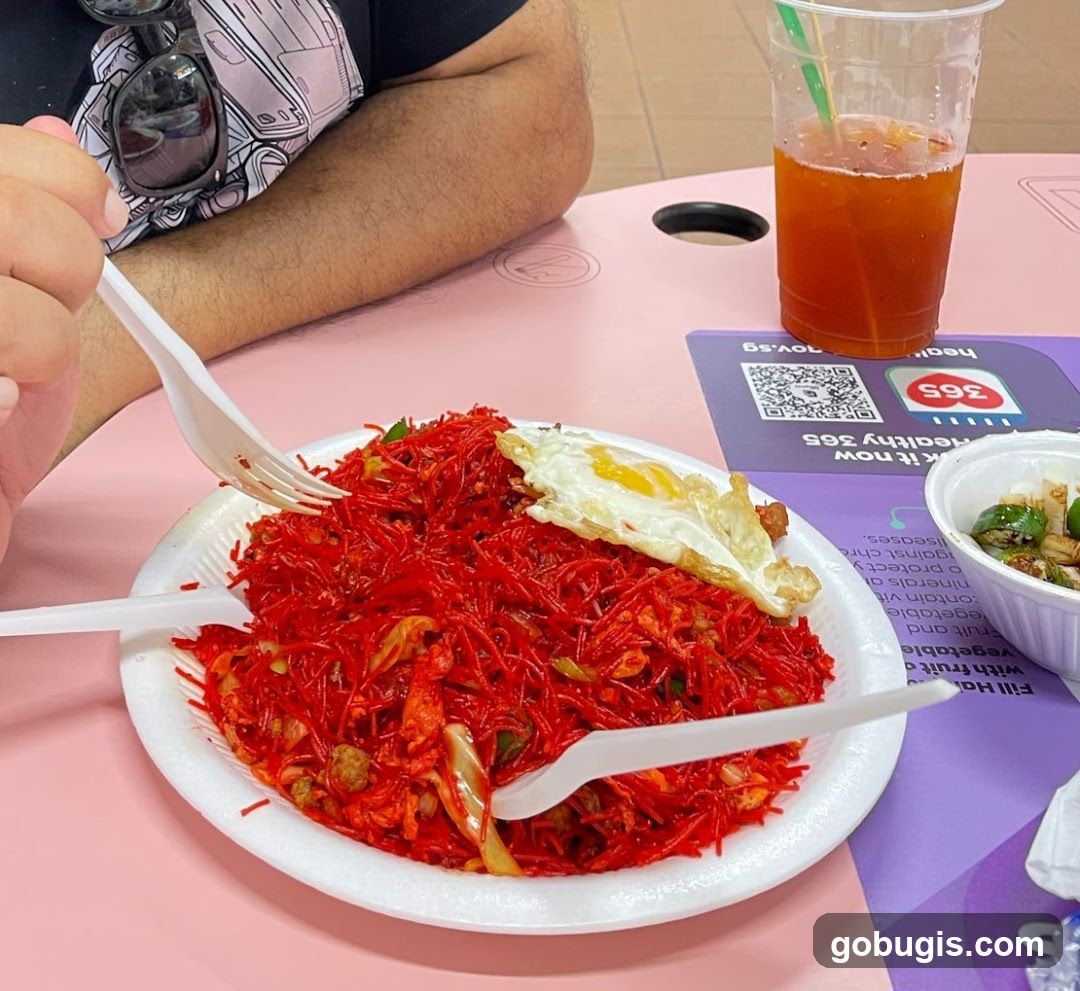Red Noodles with Fried Egg