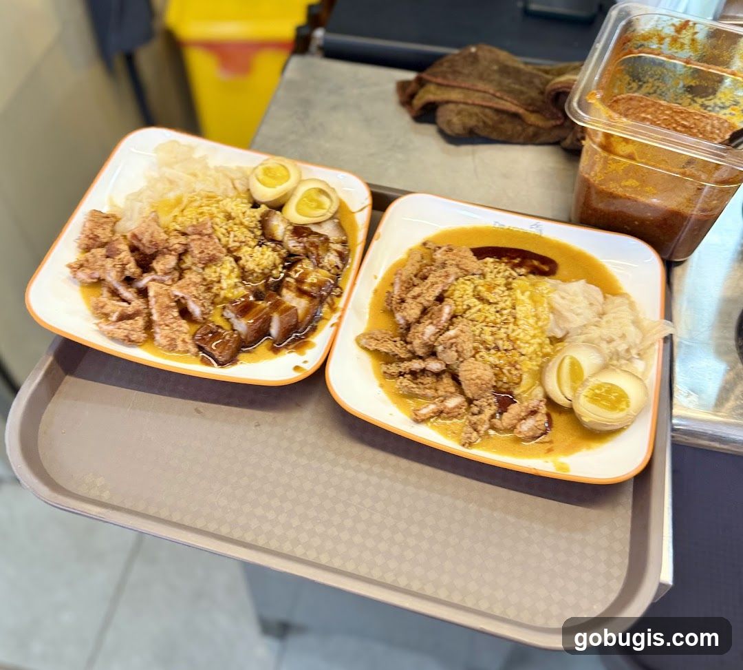 Two plates of food with rice, meat, and eggs