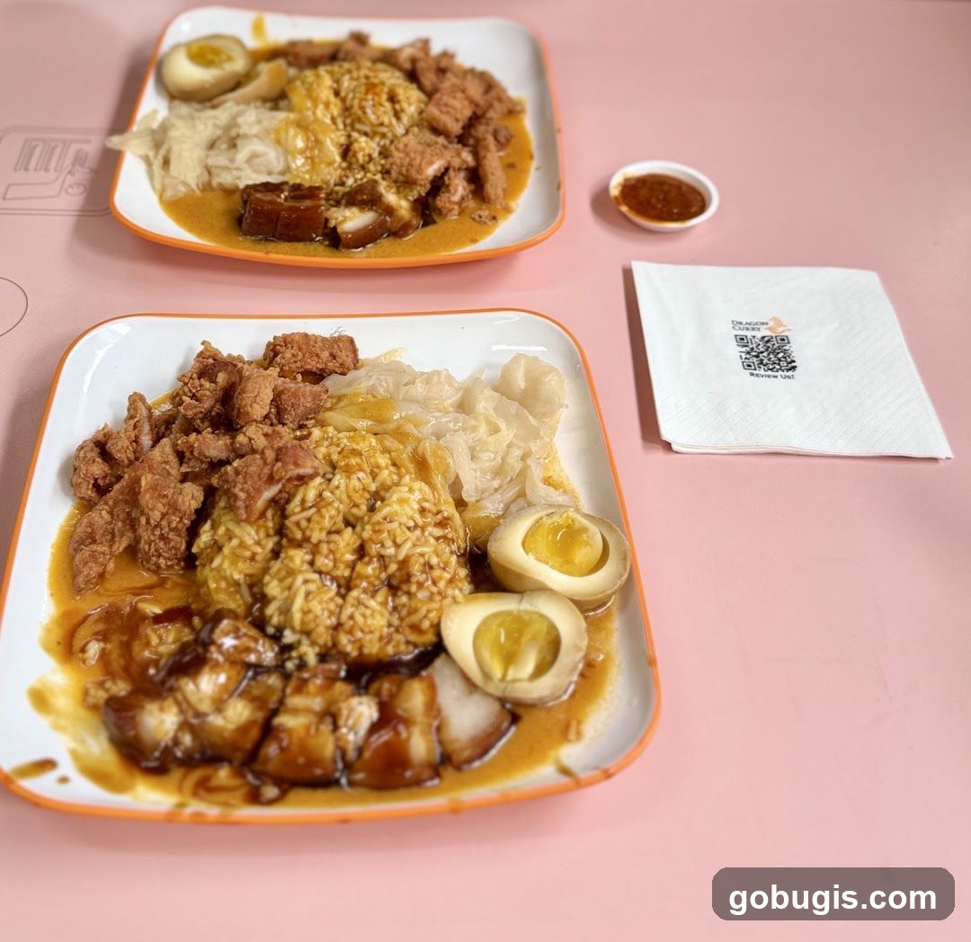 Two plates of curry rice with meat and eggs