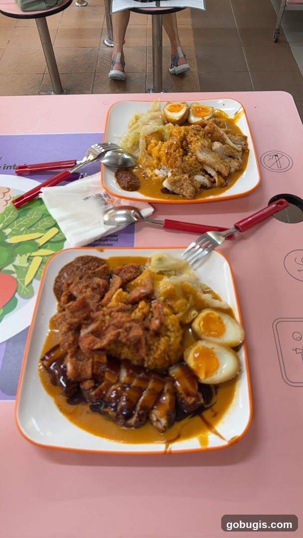Two plates of rice with meat and eggs