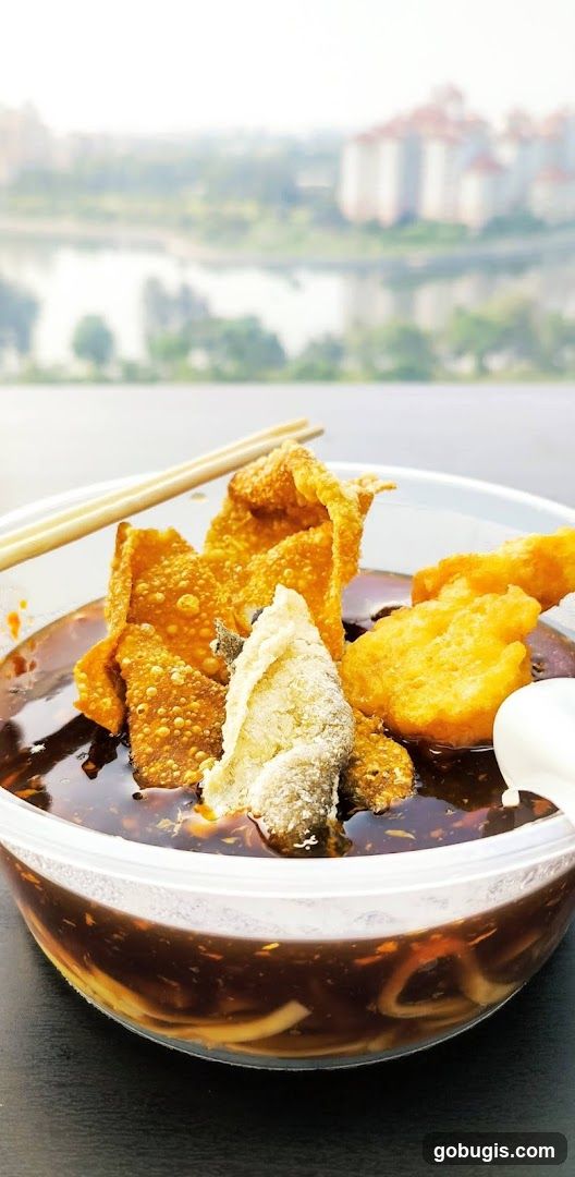 Noodle Soup with Fried Wontons and Fish