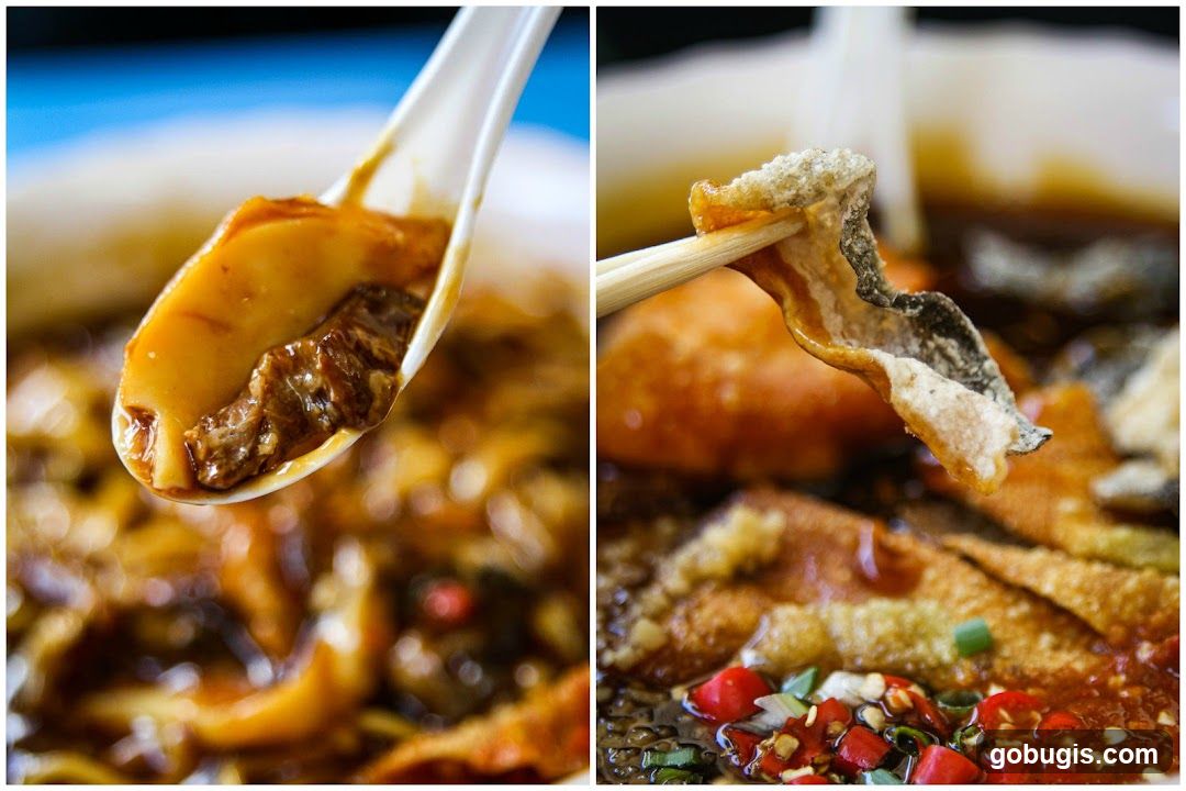 Close-up of a Spoonful of Noodles and Crispy Fish Skin