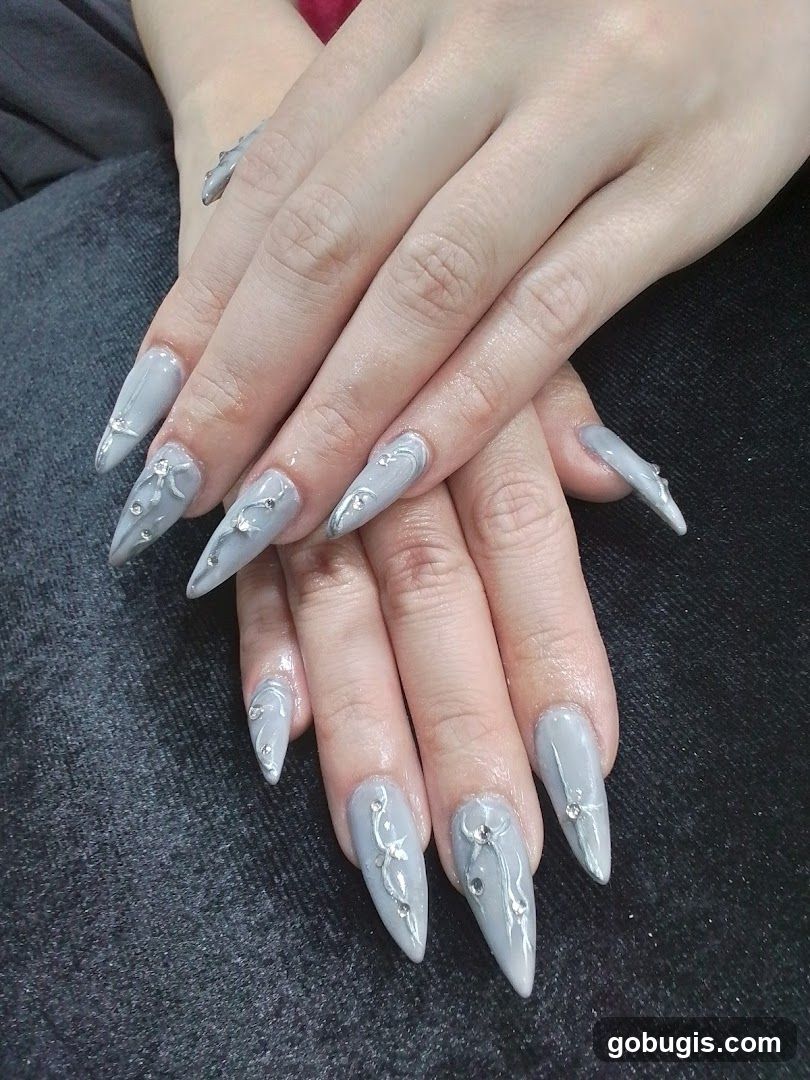 Gray Stiletto Nails with Floral Design