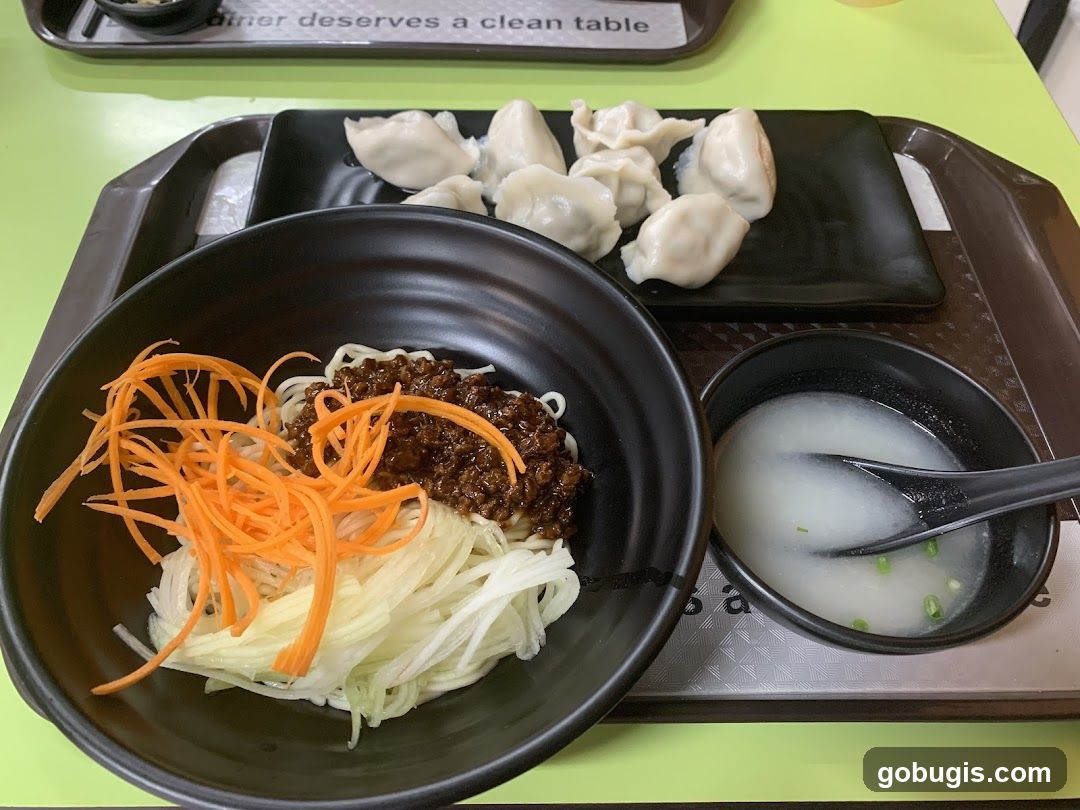 Noodles with dumplings and soup