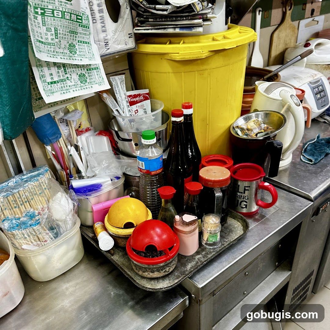 Kitchen Counter with Condiments and Supplies