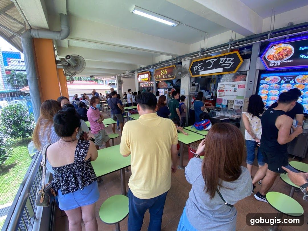 Food court with people queuing