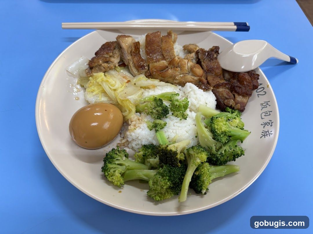 Rice plate with chicken, egg, and vegetables