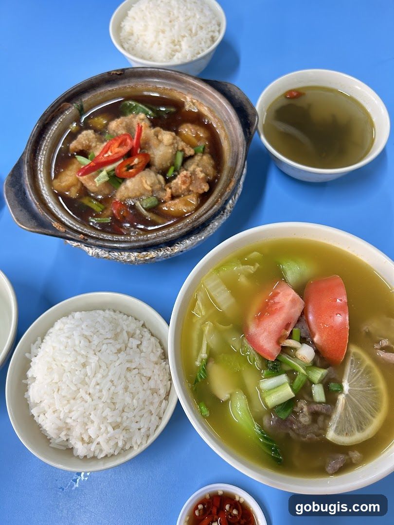 A meal with rice and soup