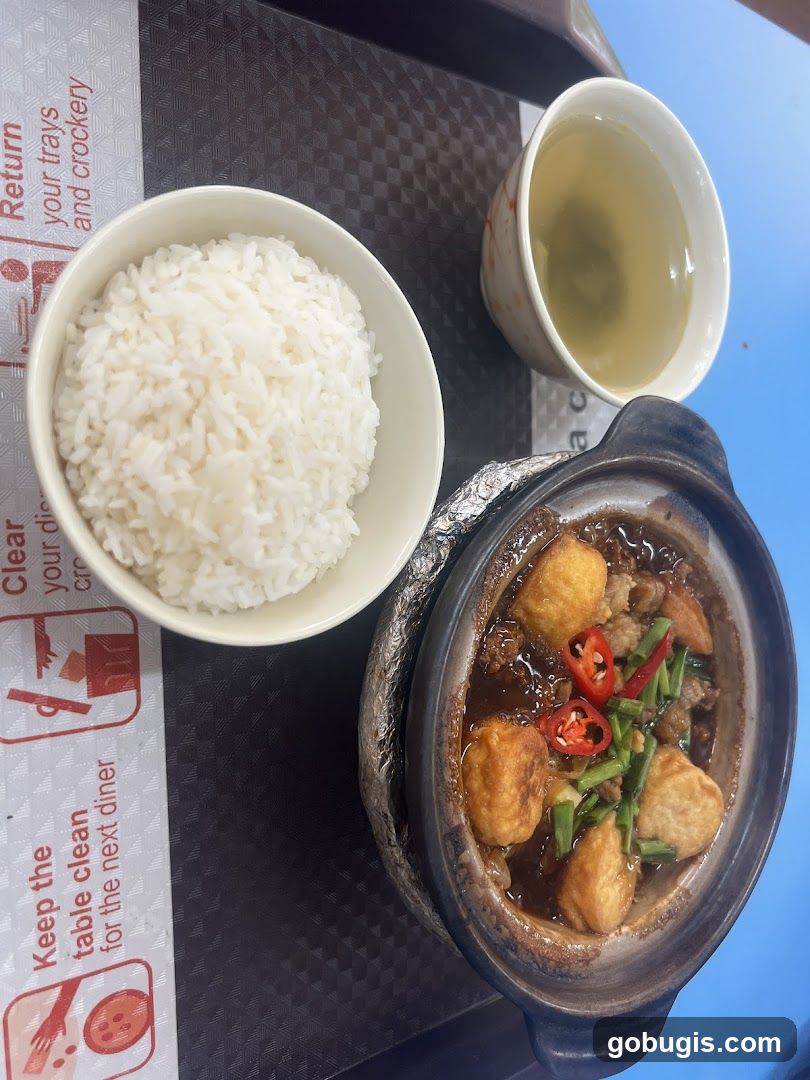 Claypot dish with rice and tea