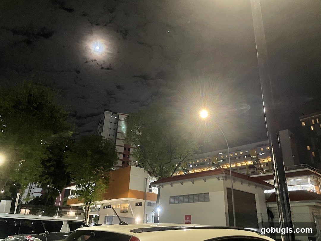 Nighttime cityscape with moon and streetlights