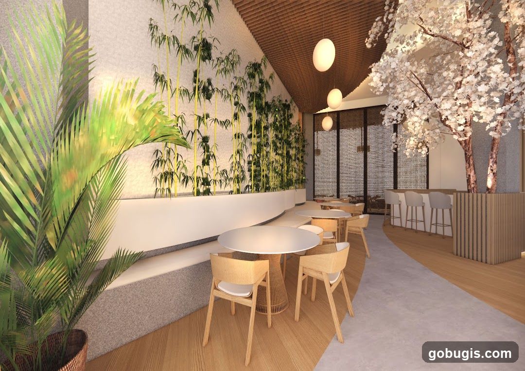 Modern Restaurant Interior with Bamboo and Cherry Blossom Decor