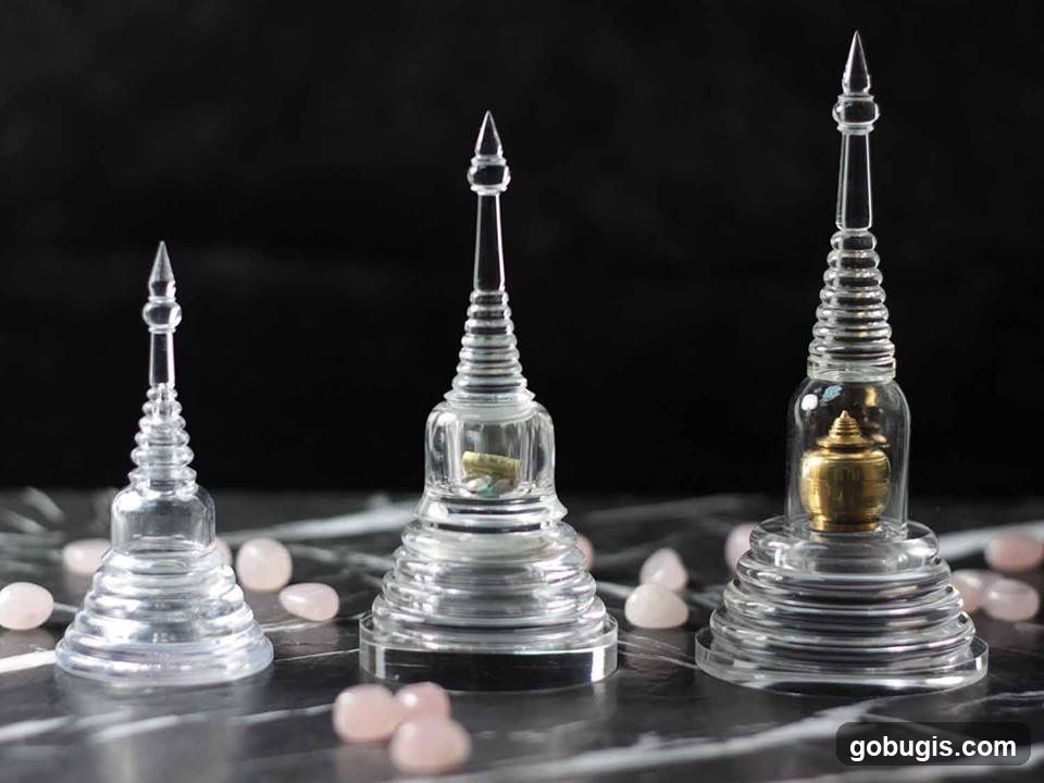 Three clear stupa-shaped decorative objects