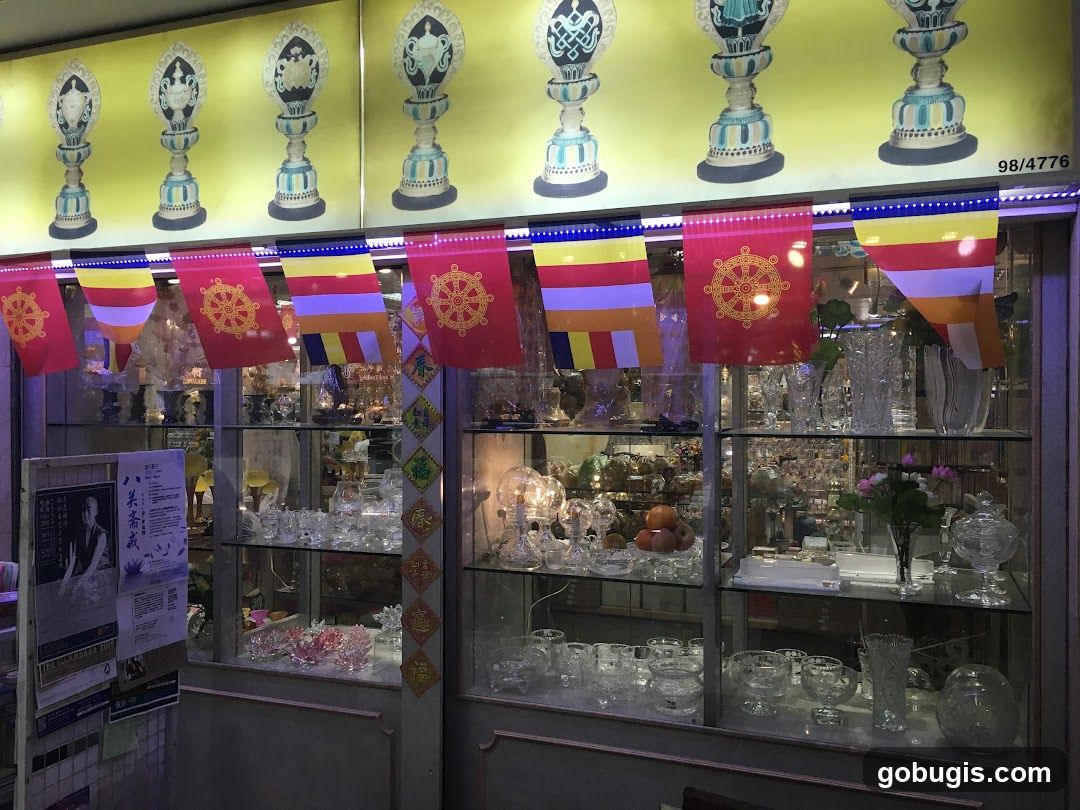Store Display with Buddhist Flags and Crystalware