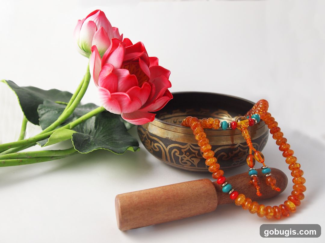 Tibetan Singing Bowl with Lotus Flowers and Prayer Beads