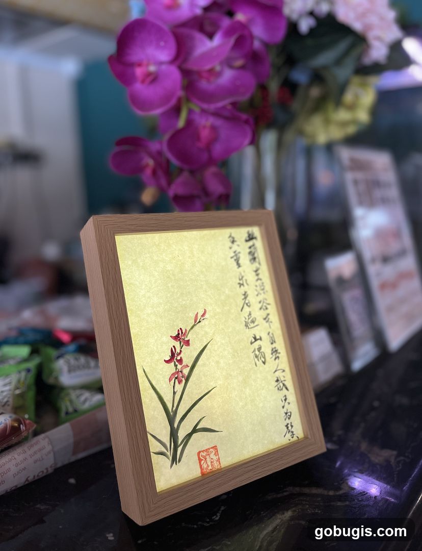 Framed Artwork with Flowers and Calligraphy
