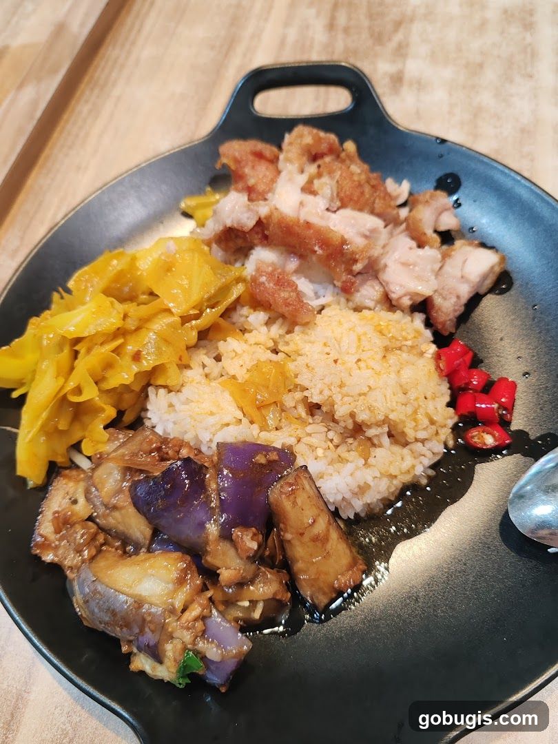 Braised Eggplant and Fried Chicken Rice