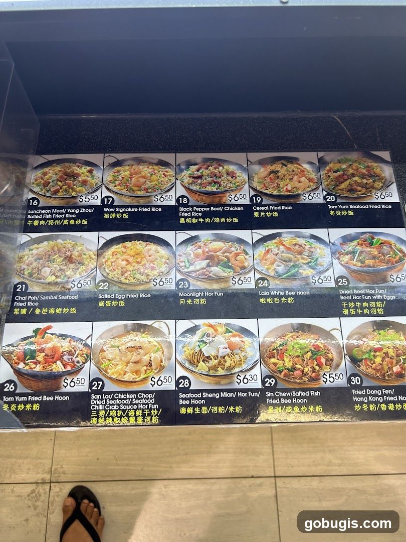 Menu with various rice and noodle dishes