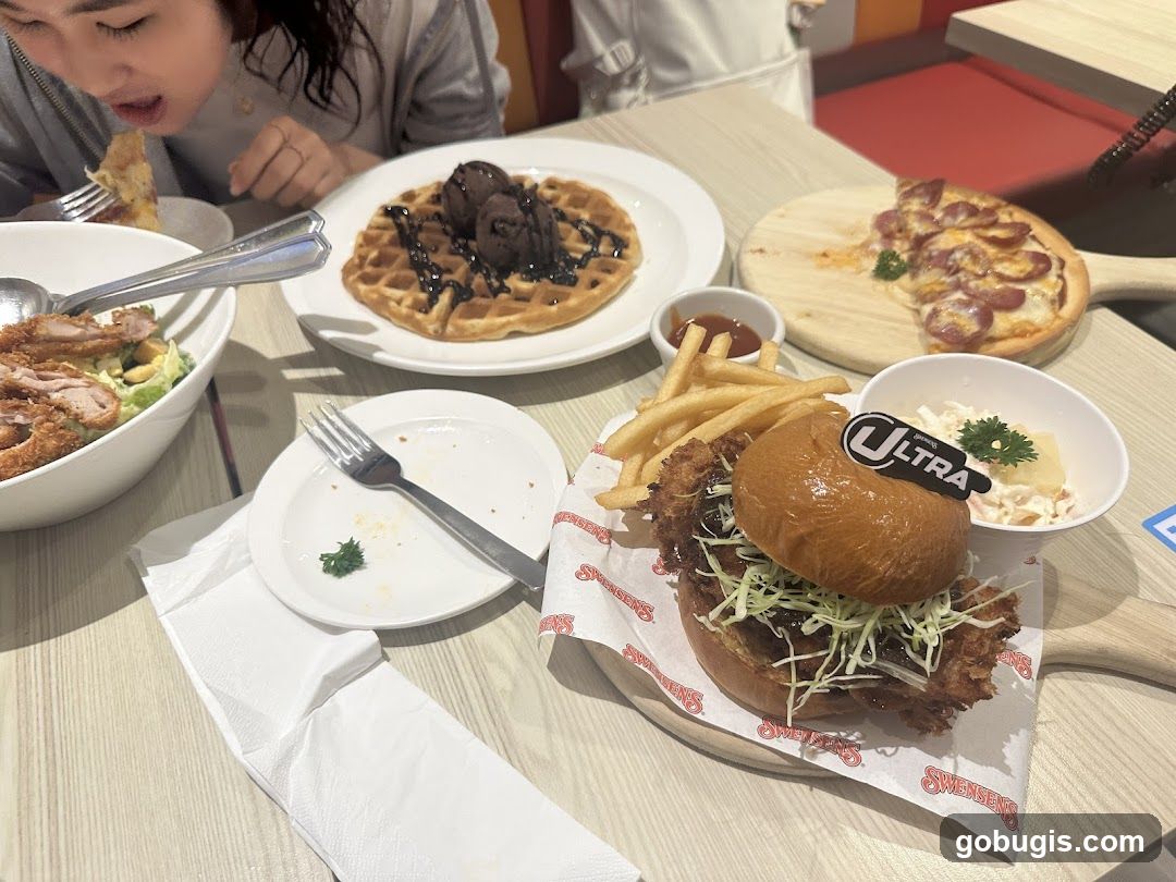 Burger, Fries, Waffle, and Pizza