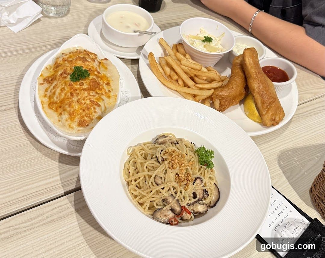 Meal with Pasta, Fish and Chips, and Soup