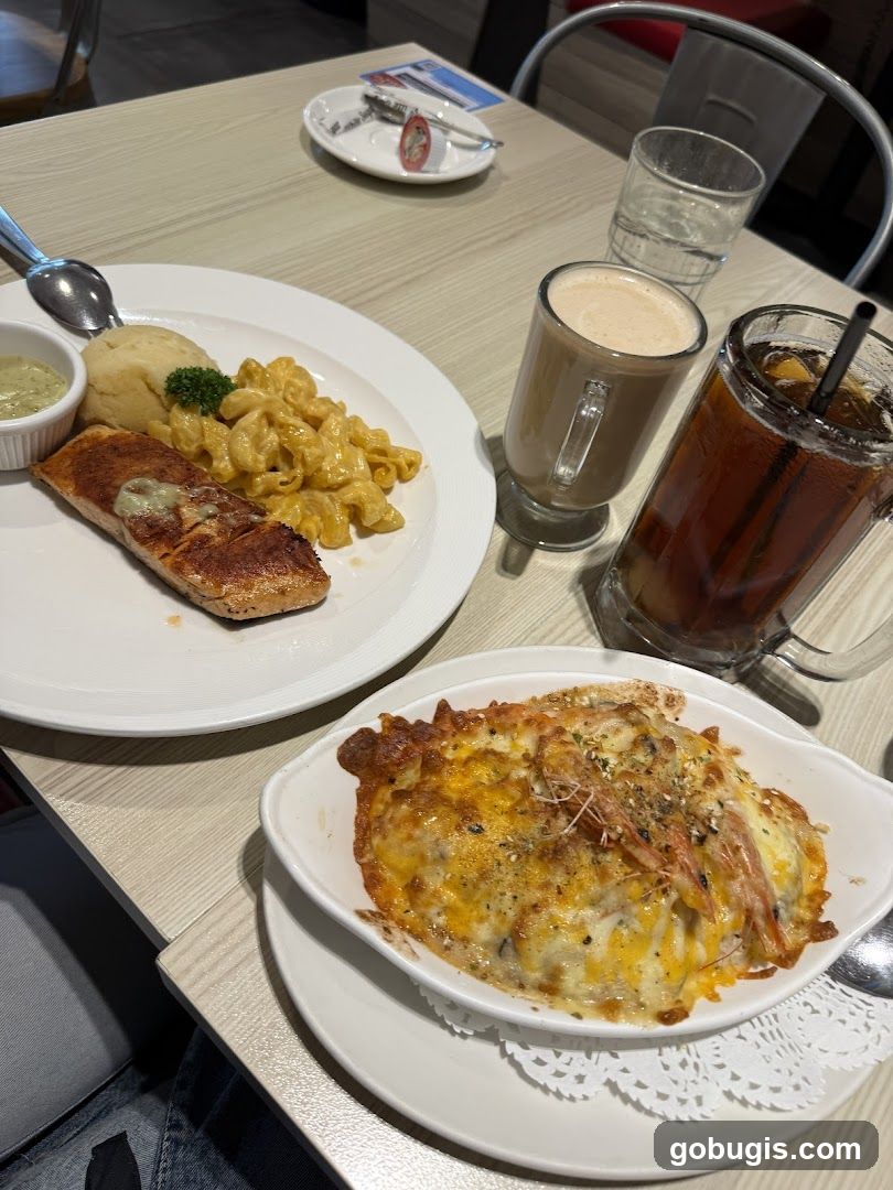 Salmon with Mac and Cheese and Seafood Gratin