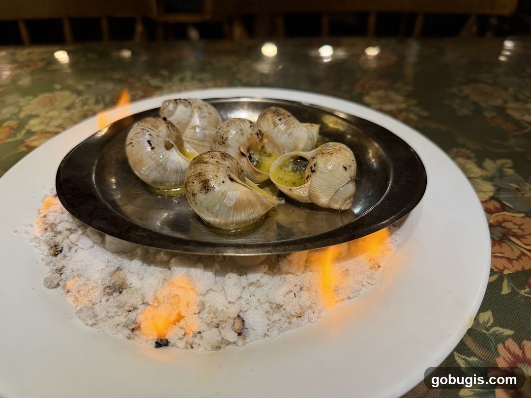 Escargots on a bed of salt with flames