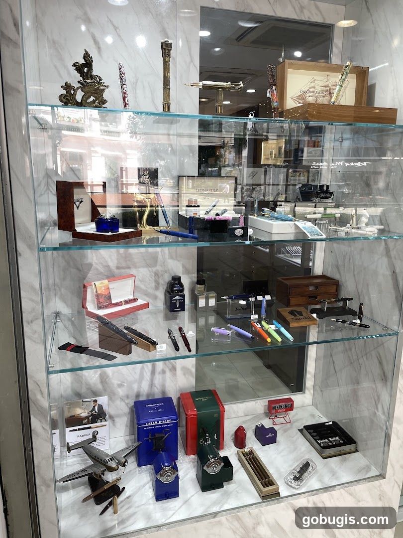 Display case with pens and accessories
