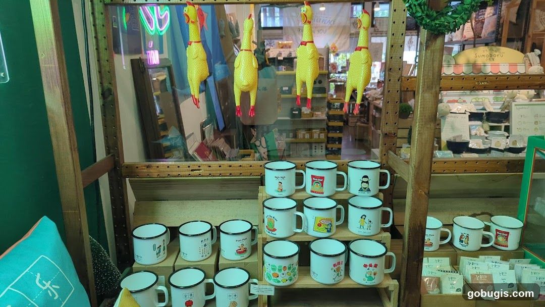 Store Display with Rubber Chickens and Mugs