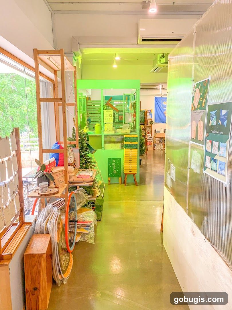 Interior of a store with green accents