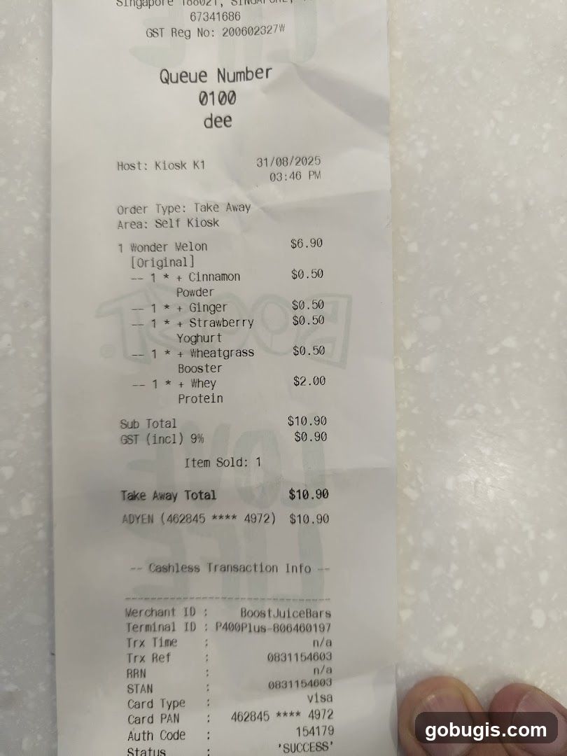 Receipt from Boost Juice Bars
