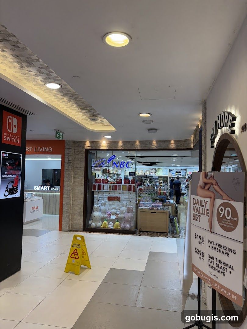 Mall Interior with Storefronts and Advertisements