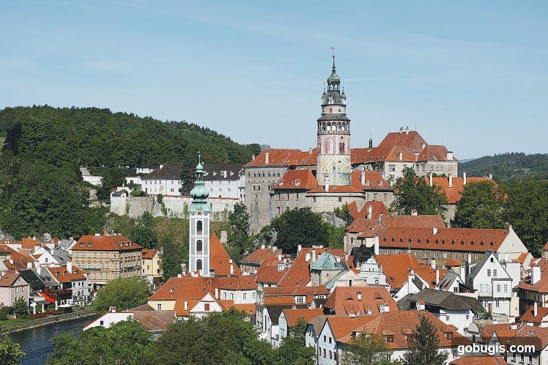 View of a historic European town with a castle and church