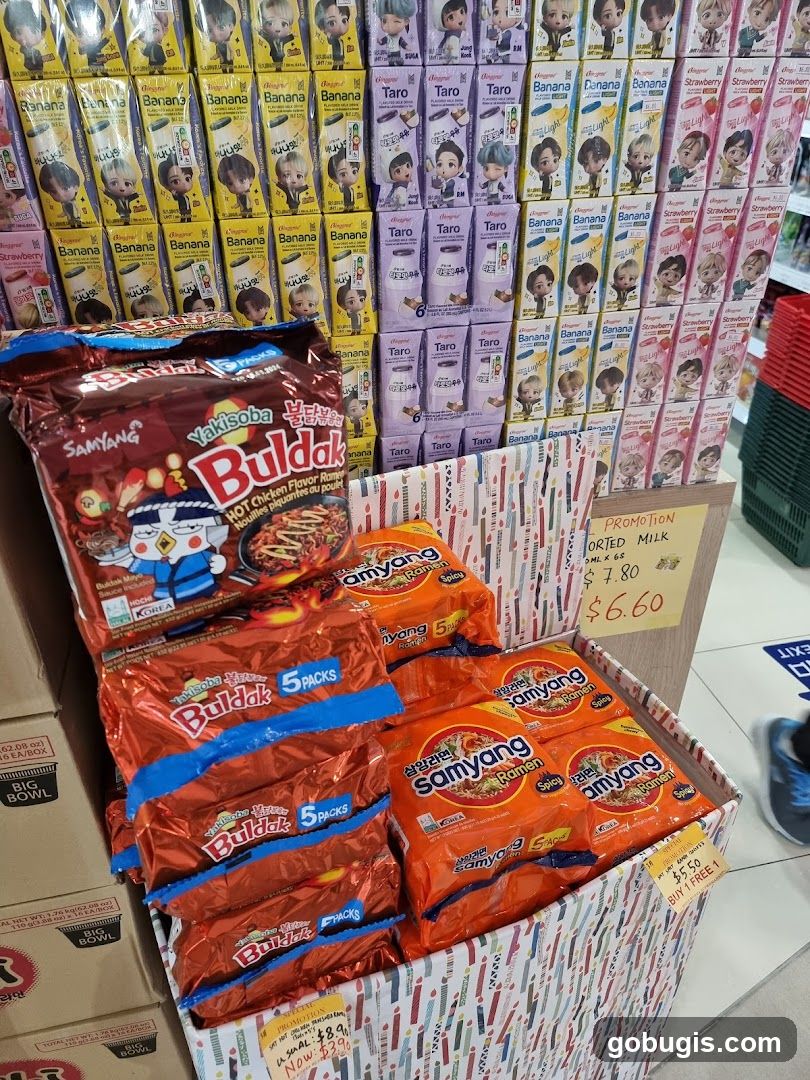 Samyang and Buldak instant noodles and flavored milk drinks