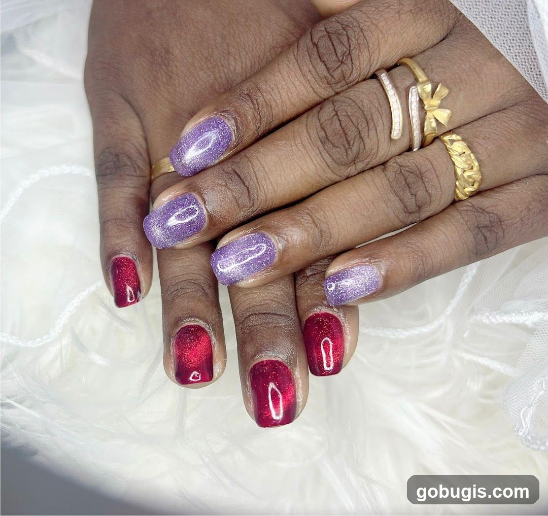 Nails with Glitter and Cat Eye Effect