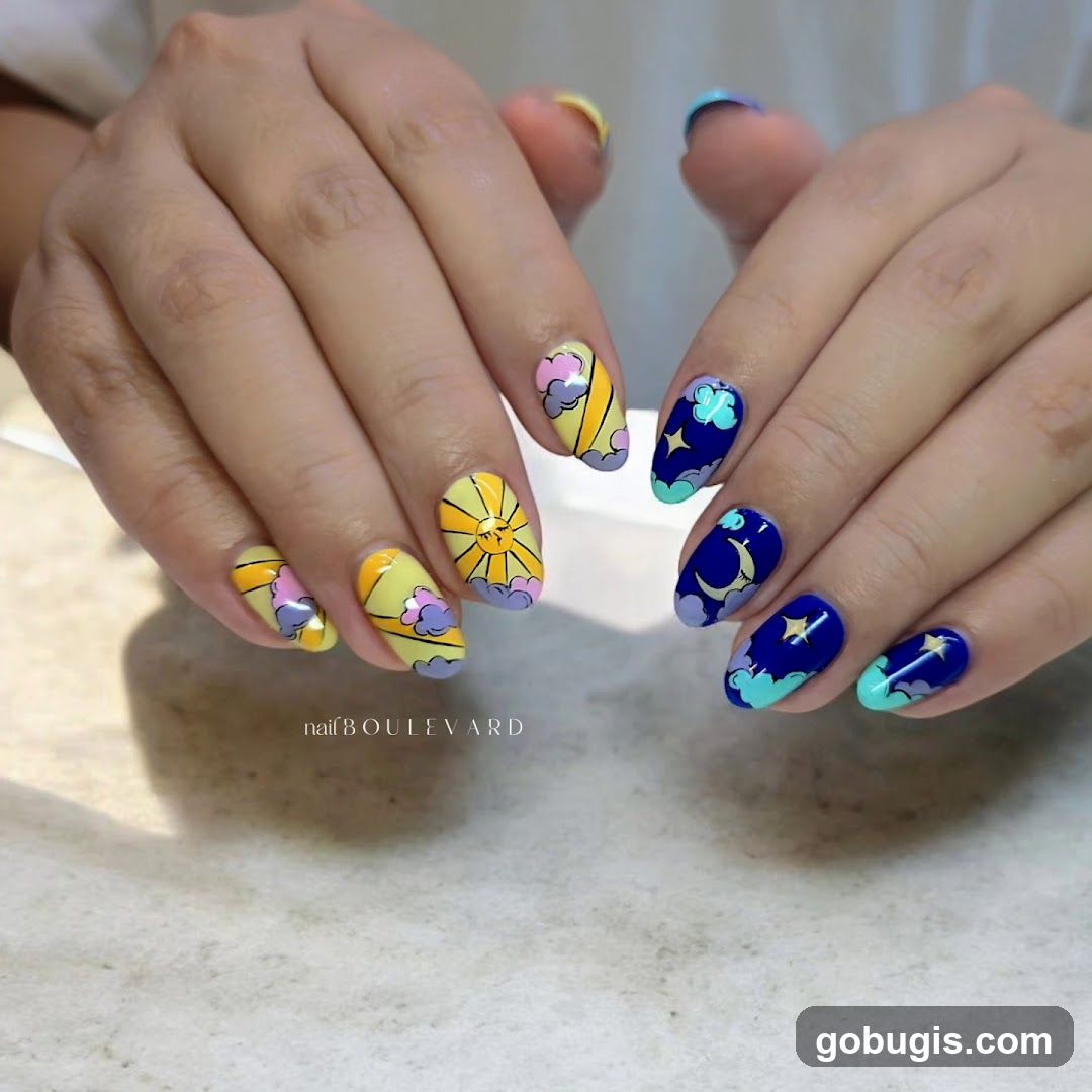 Nail Art with Sun and Moon Designs