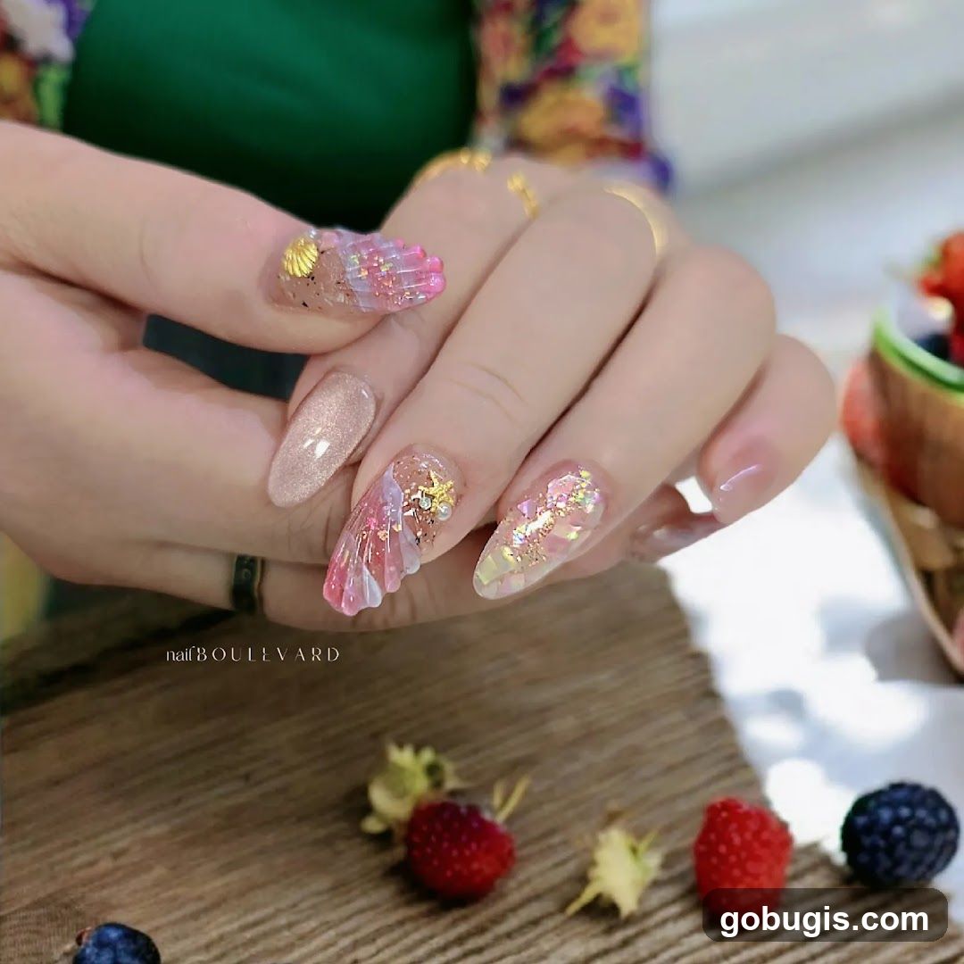 Nail Art with Shell and Glitter Accents
