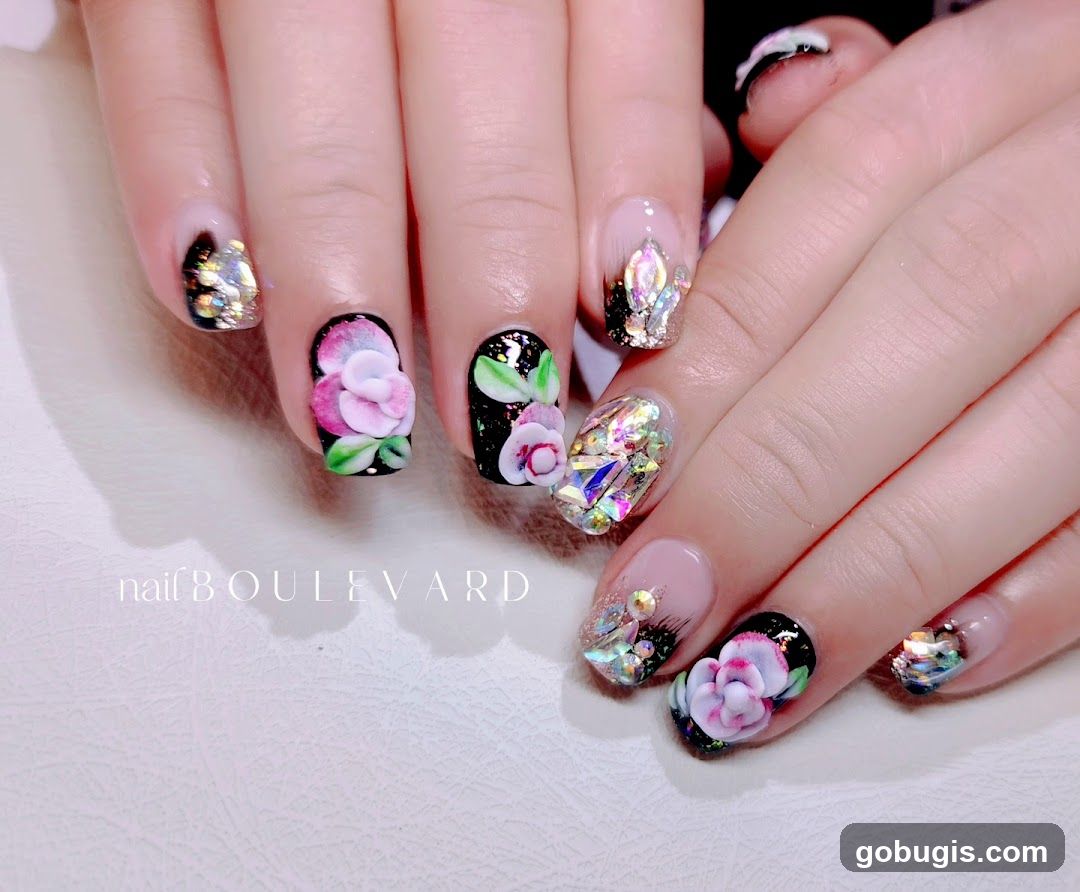 Nail Art with Flowers and Gems