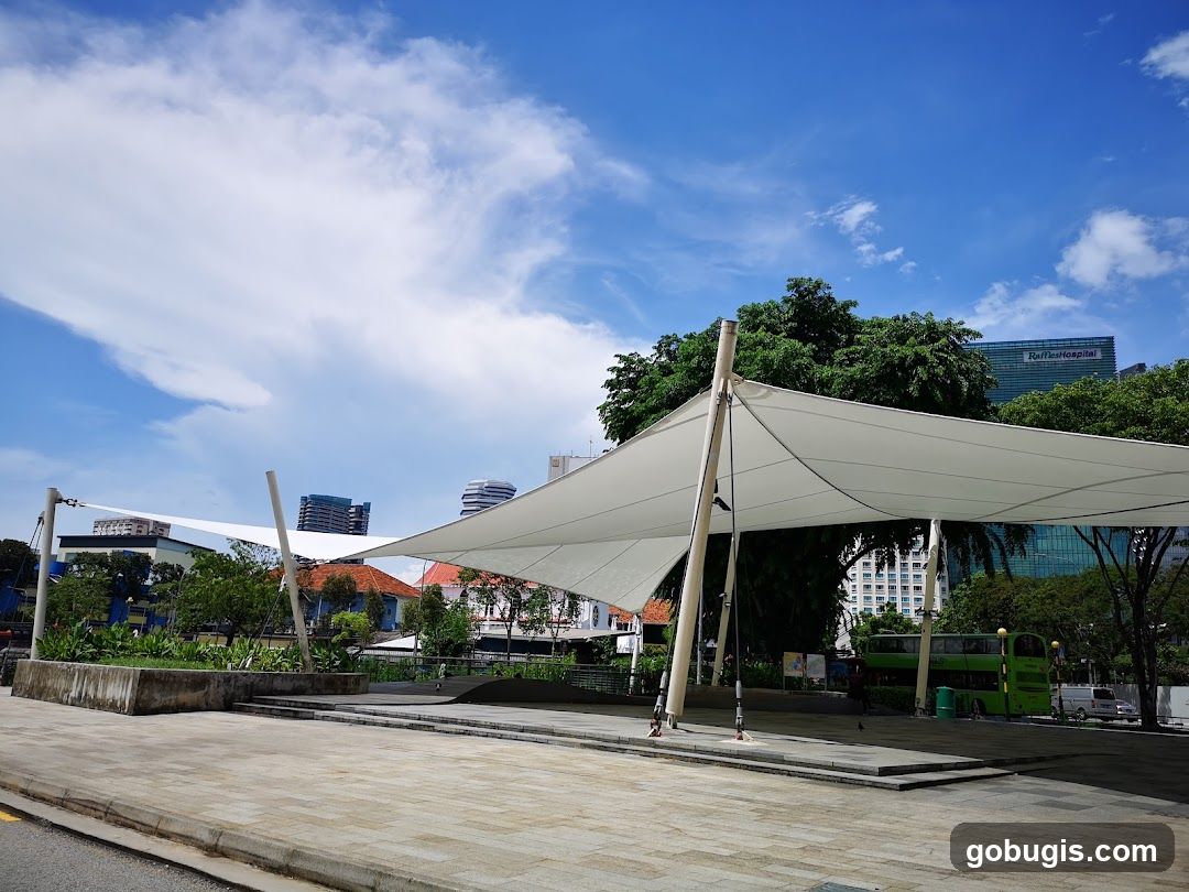 Outdoor Plaza with Canopy and Cityscape