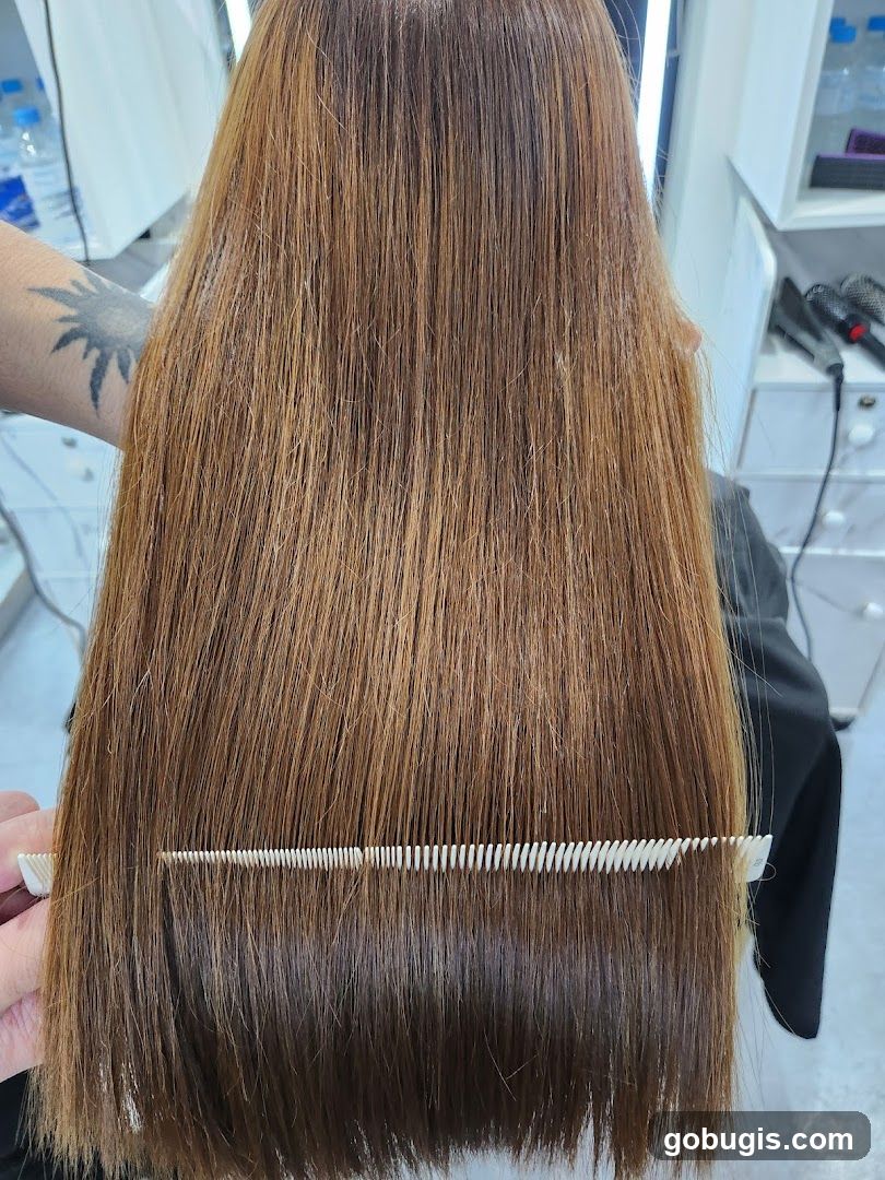Hairdresser Combing Long Brown Hair